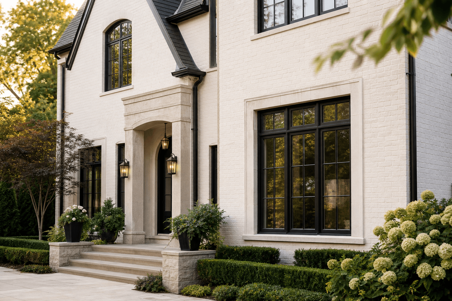 Warm white stained brick home with crisp charcoal trim