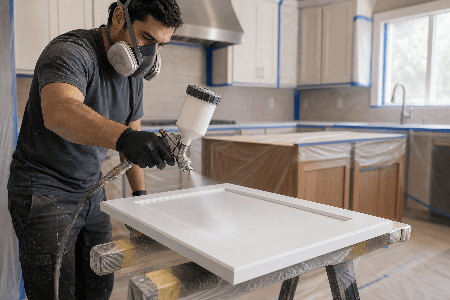 Professional cabinet finisher spraying a detached kitchen cabinet door