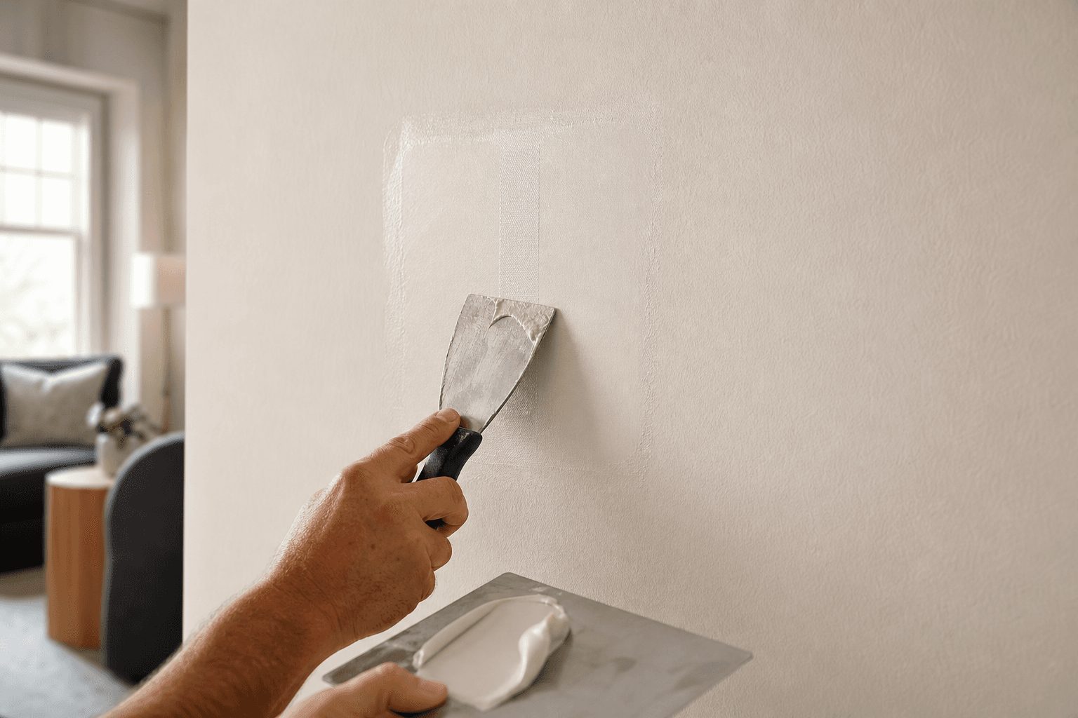 Professional drywall repair being feathered smooth before painting