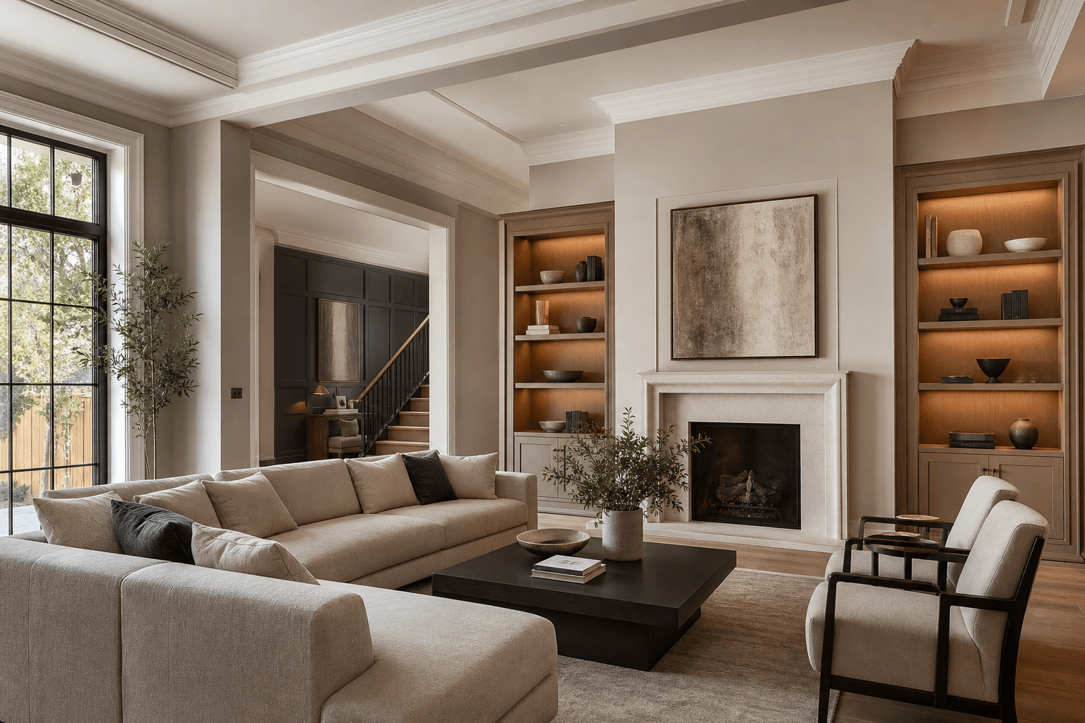 High-end living room with flawlessly painted walls, trim, and architectural details