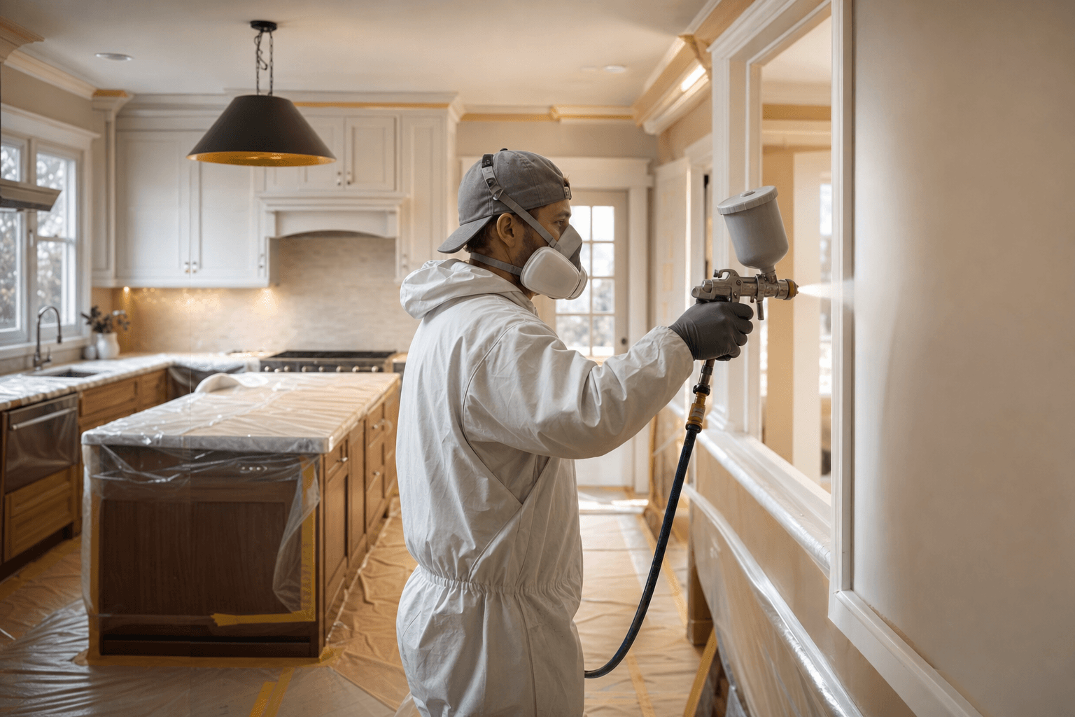 Professional painter spraying a kitchen wall inside a protected residential kitchen