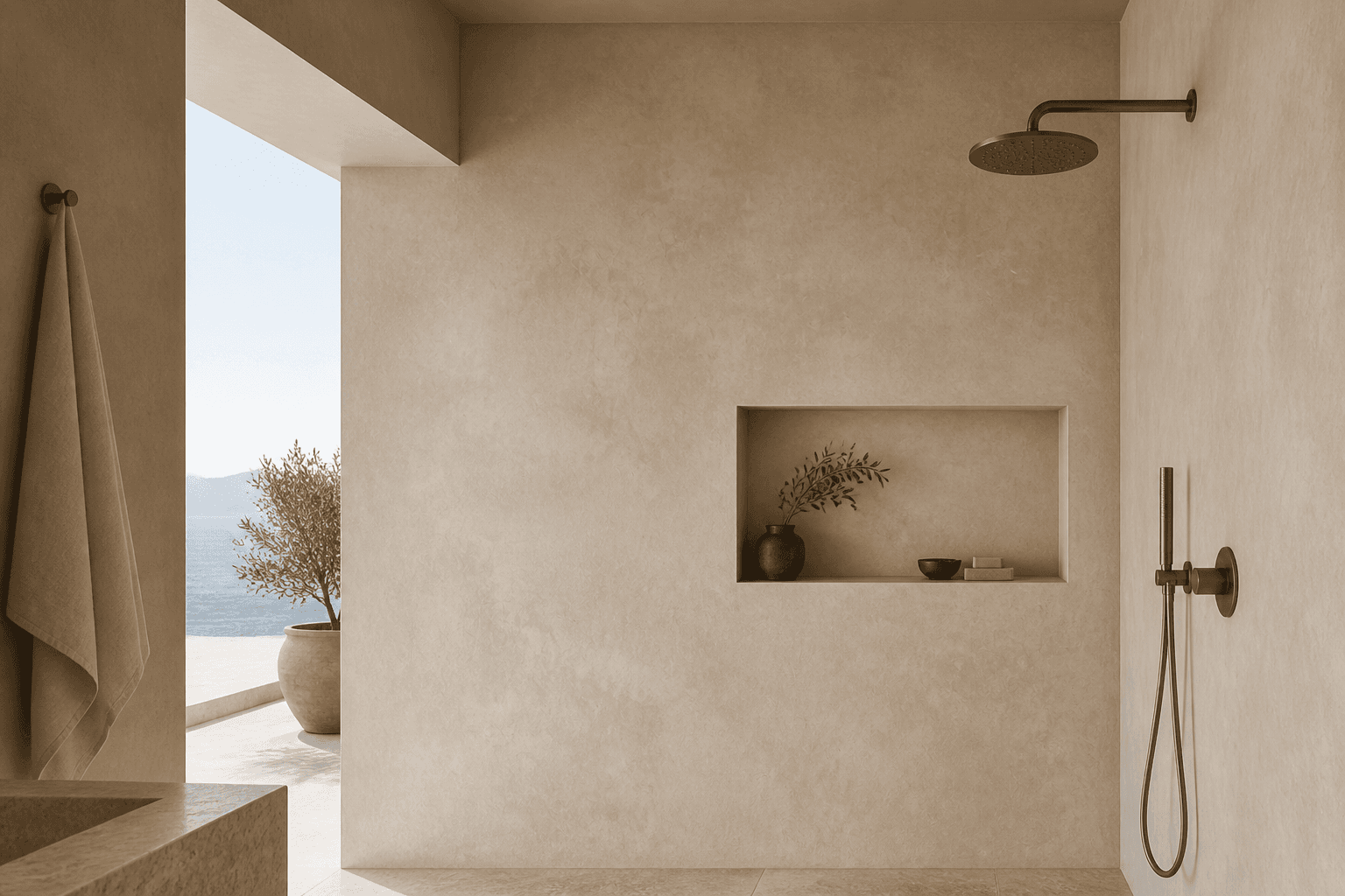 Warm mineral limewash finish with soft microcement-like variation in a walk-in shower