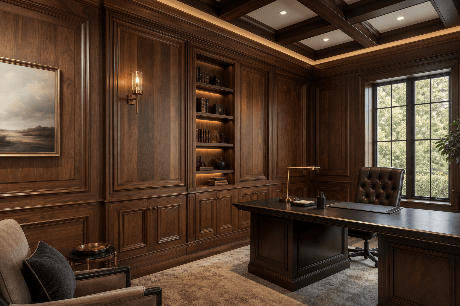 Luxury wood-panelled executive office with walnut built-ins, coffered ceiling, and custom millwork