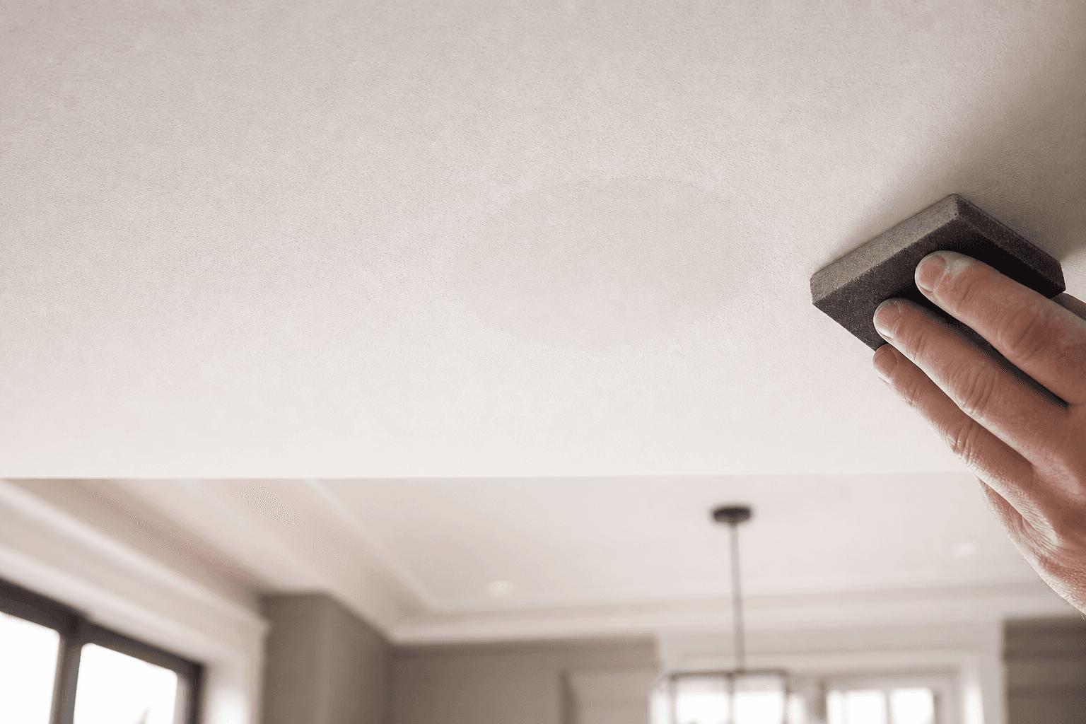 Ceiling patch after pot light removal being sanded smooth