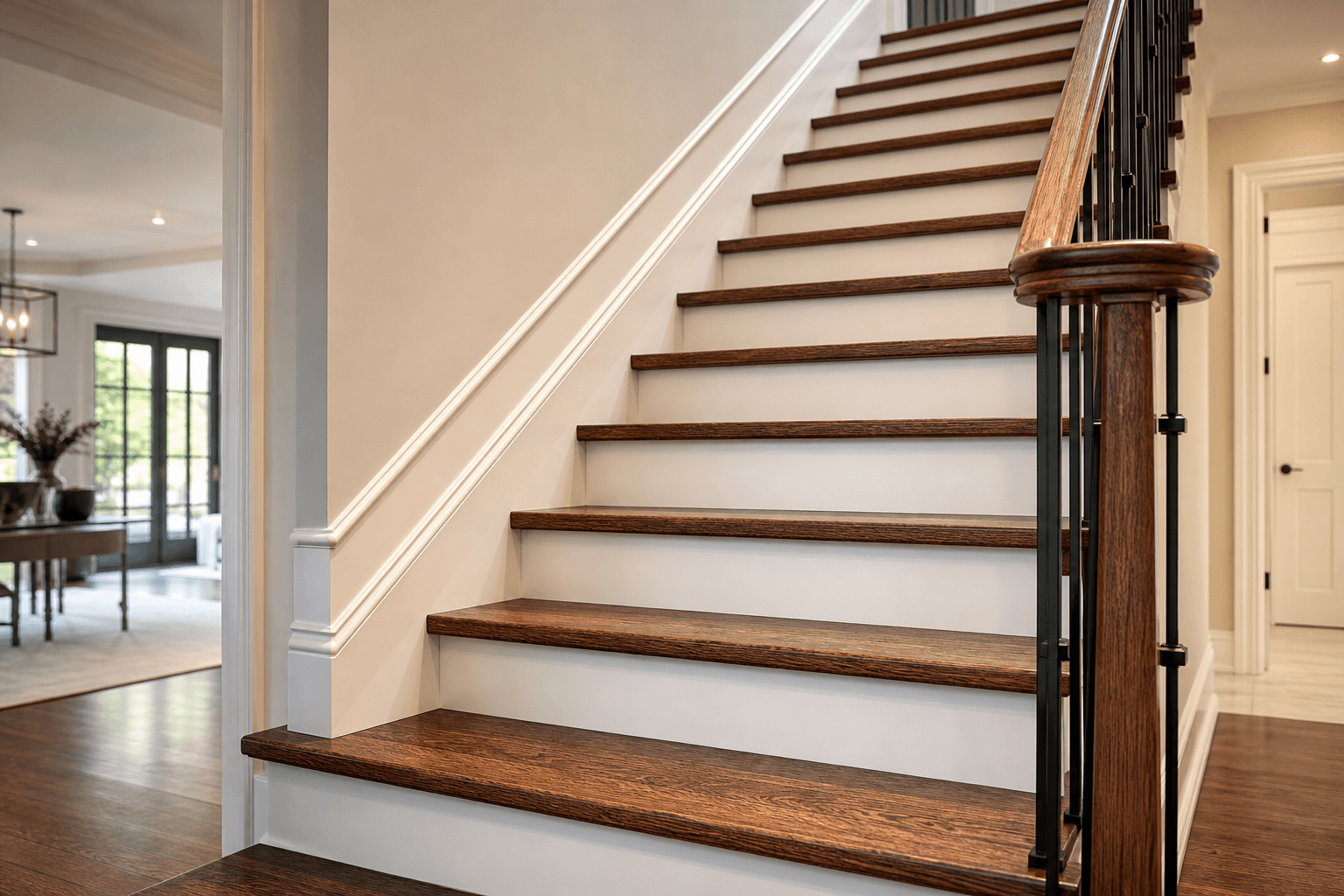Refinished hardwood staircase with rich, even stain
