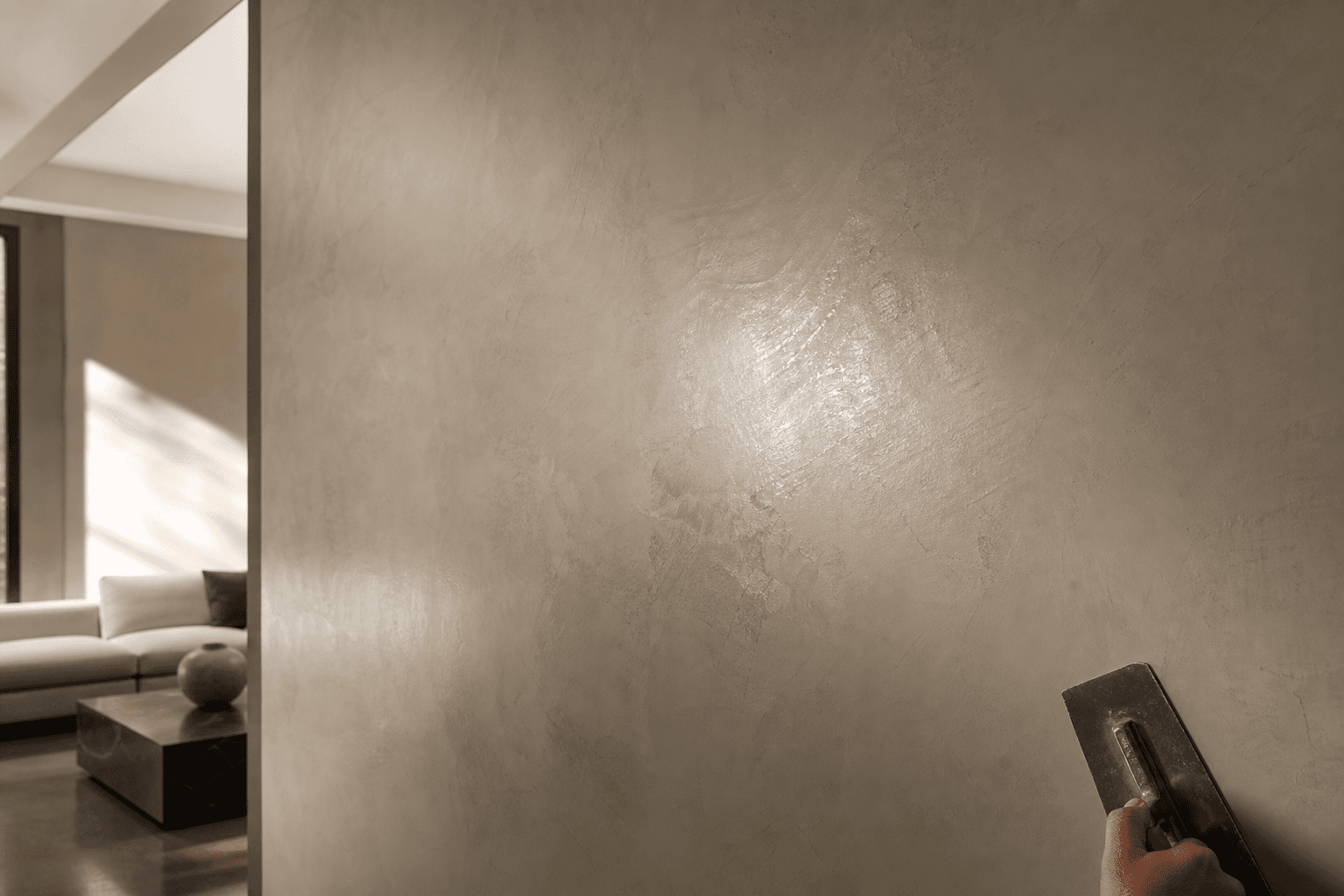 Hand-troweled Venetian plaster feature wall with luminous depth