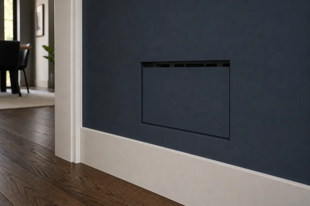 White Fittes Aria wall vent with dark louvers installed flush in a deep navy wall