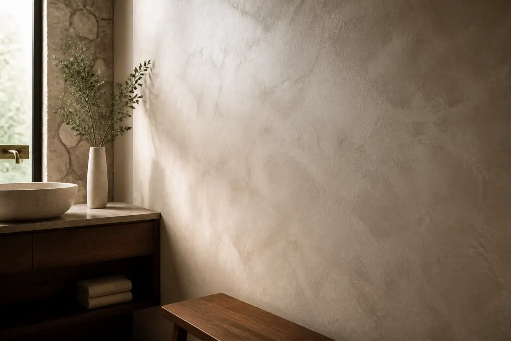 Illustrative concept image of a refined mineral plaster wall in a warm contemporary interior