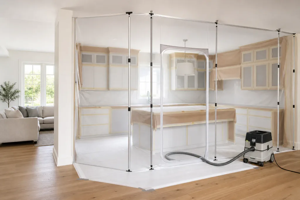 Cabinet-painting workspace contained with clear barriers, protected flooring, and dust extraction
