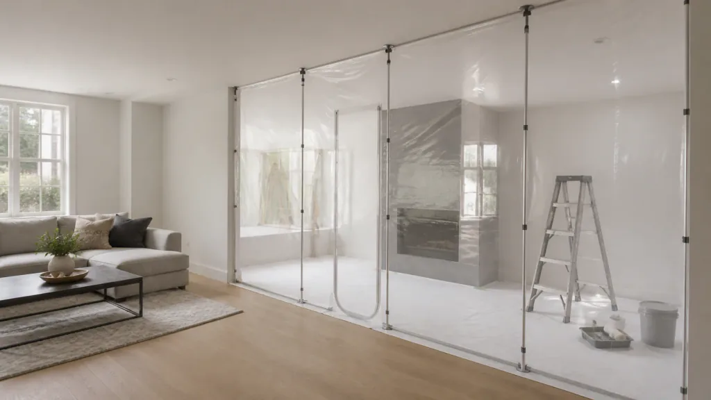 Transparent dust barrier separating a living area from a protected house-painting workspace