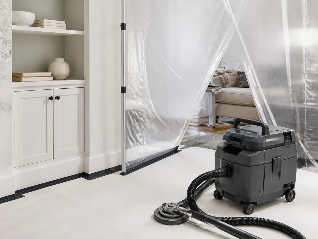Professional dust extractor beside floor protection and a transparent barrier in an occupied home