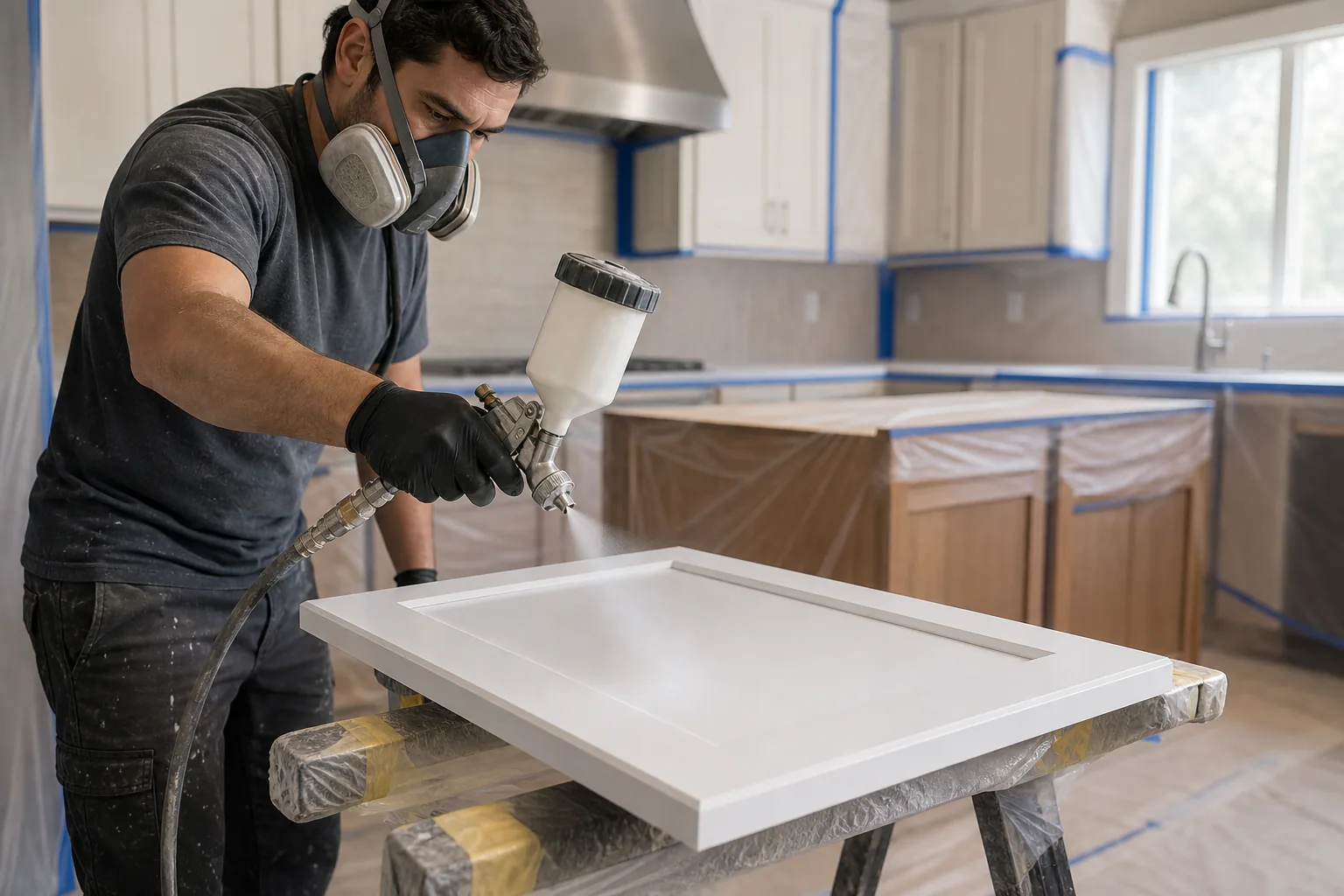 Cabinet painting by Sigma Painting — GTA kitchen with sprayed, factory-smooth cabinet doors and updated hardware