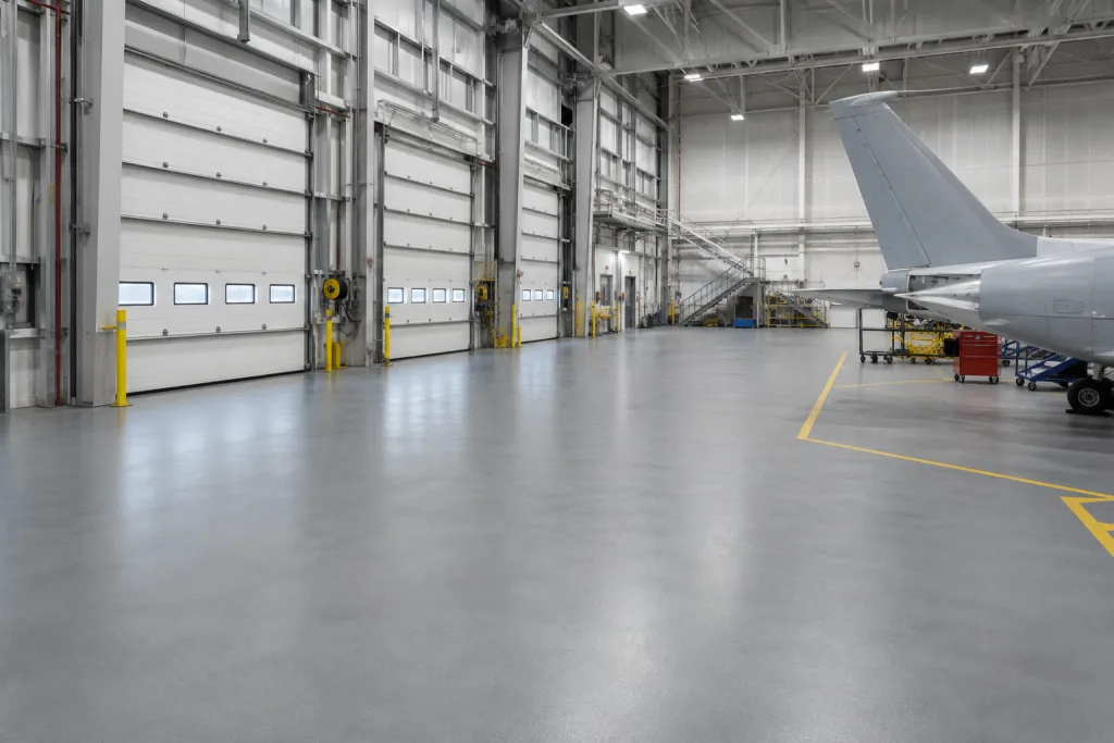 Large epoxy-coated floor in an aircraft maintenance hangar