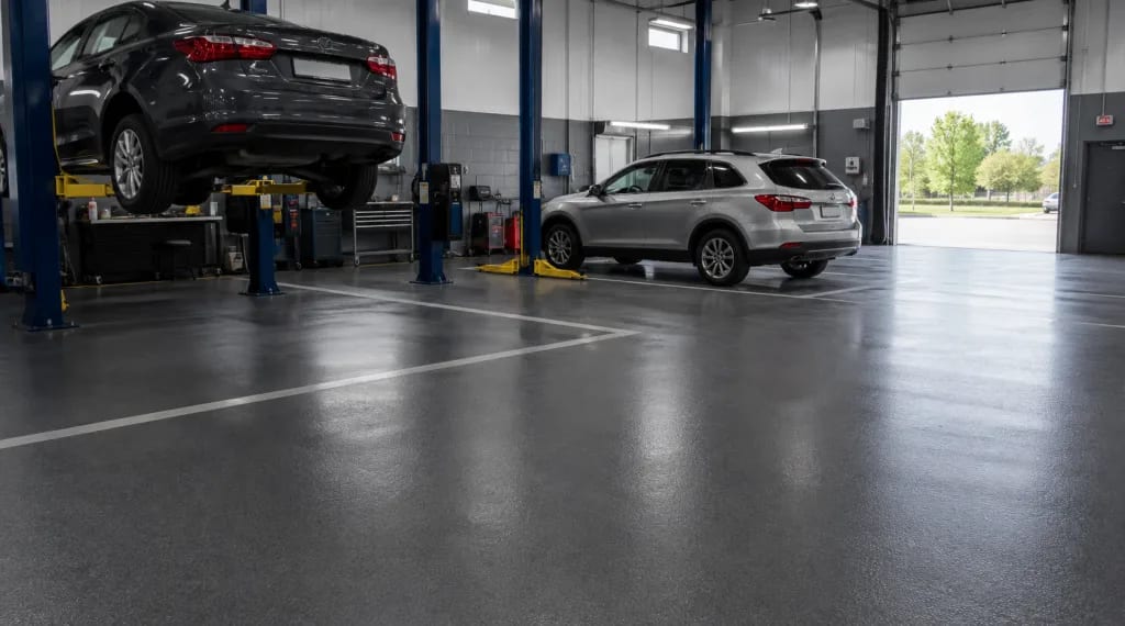Dark epoxy floor coating in a professional automotive service shop