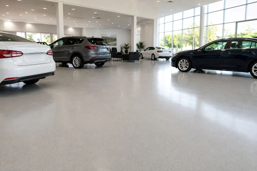 Light-gray epoxy floor coating in a bright automotive showroom