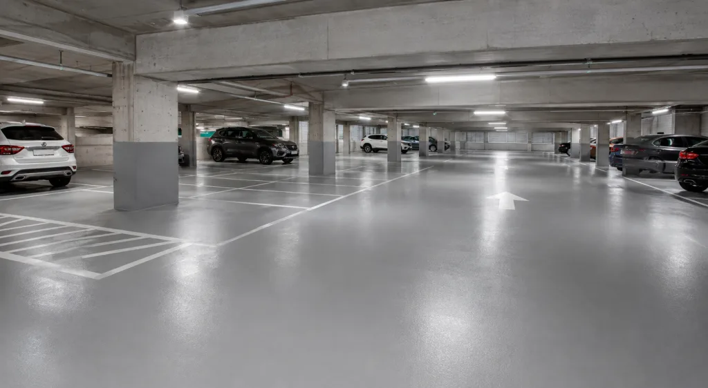 Epoxy-coated commercial parking garage floor with clean parking stalls