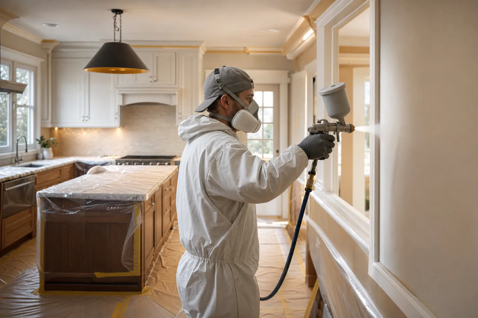 Professional painter spraying a kitchen wall inside a protected residential kitchen