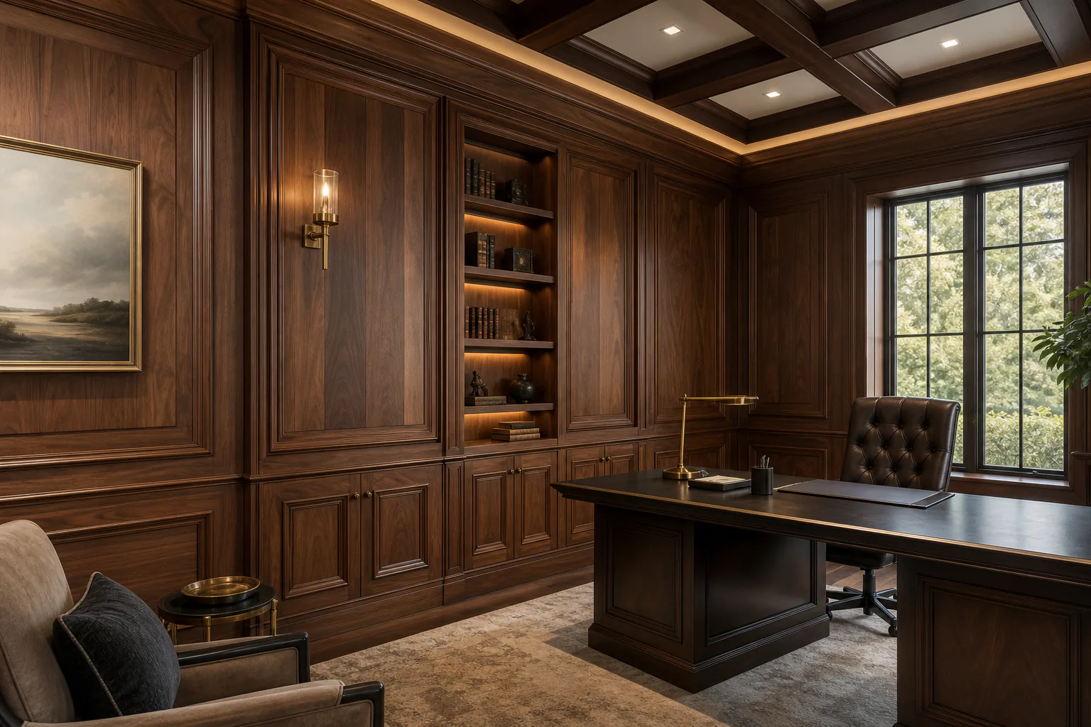 Luxury wood-panelled executive office with walnut built-ins, coffered ceiling, and custom millwork