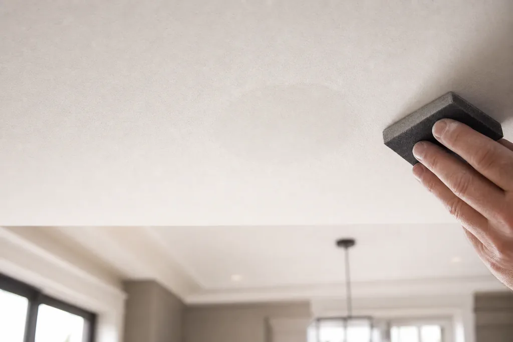Ceiling patch after pot light removal being sanded smooth