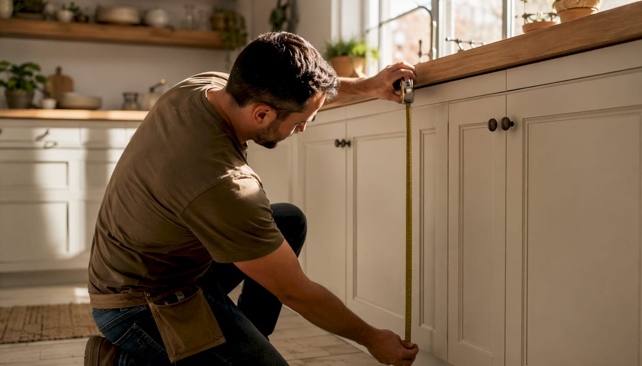 Homeowner measuring kitchen cabinets length