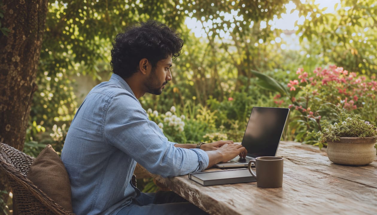 Man reviewing painting contractor portfolio on laptop