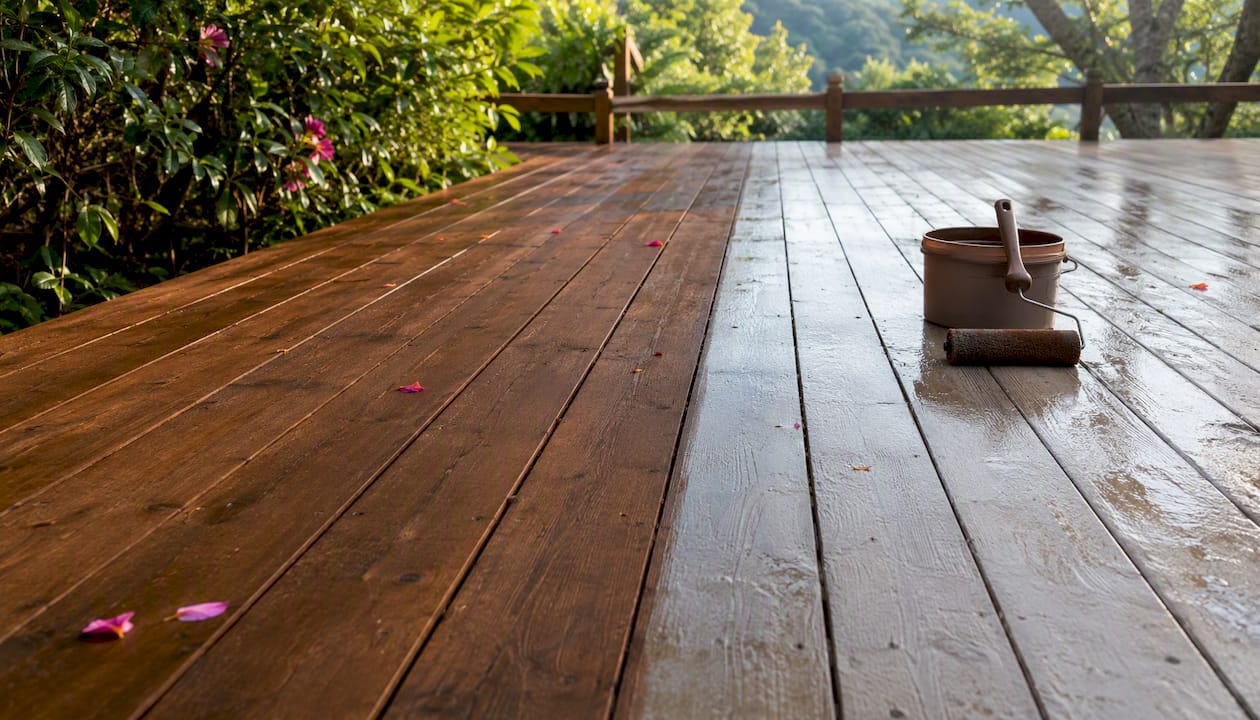 Wet and sunlit stained deck sections