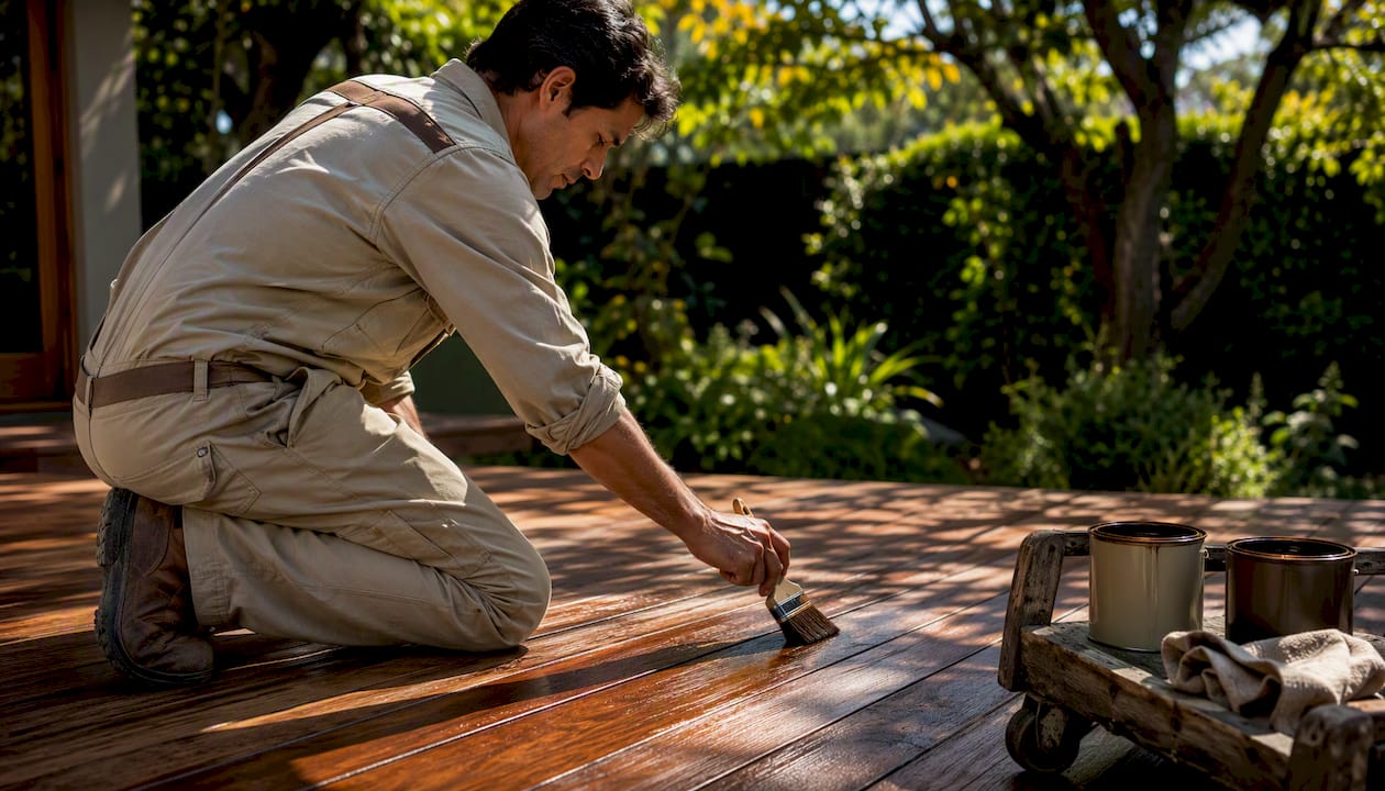 Painter applying stain on shaded deck