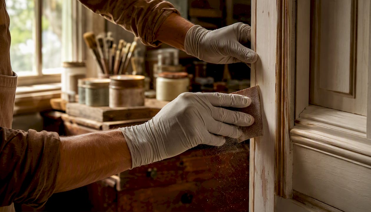 Hands sanding painted wood trim