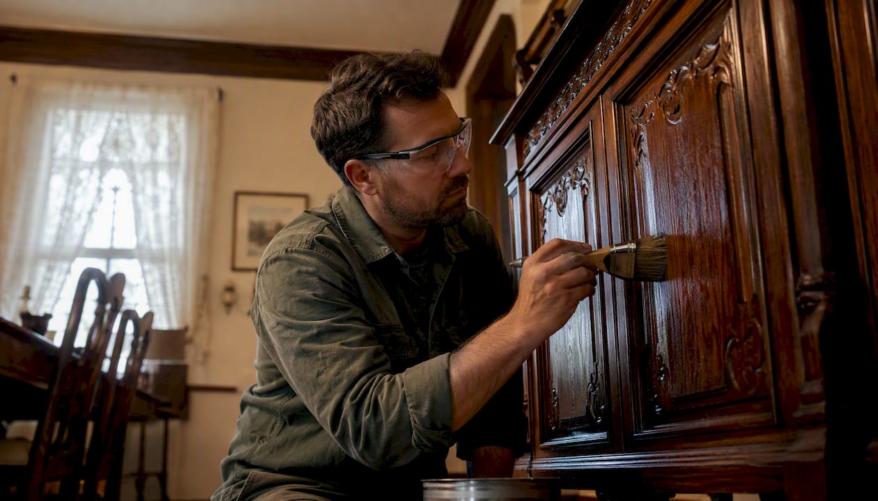 Painter applying enamel paint on cabinet