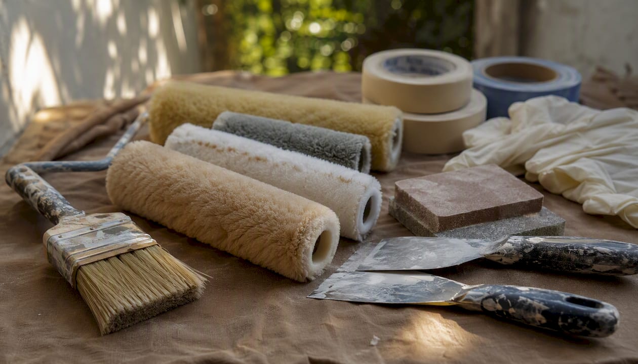 Assorted painting tools on drop cloth
