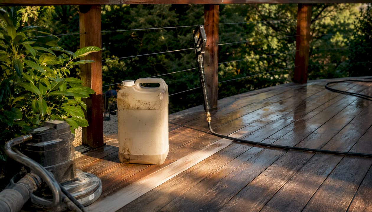 Deck stain stripping tools setup on deck
