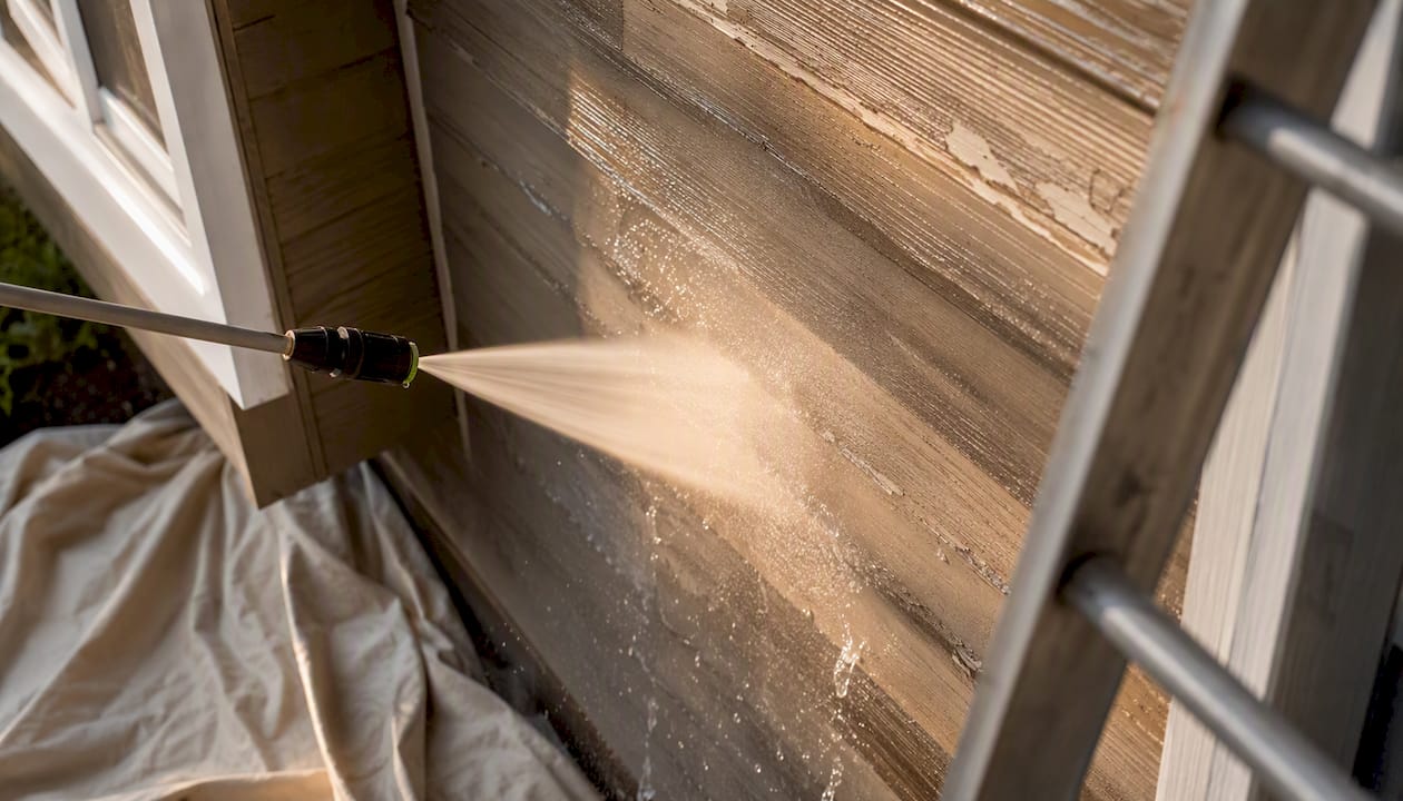 Pressure washer cleaning exterior wood siding