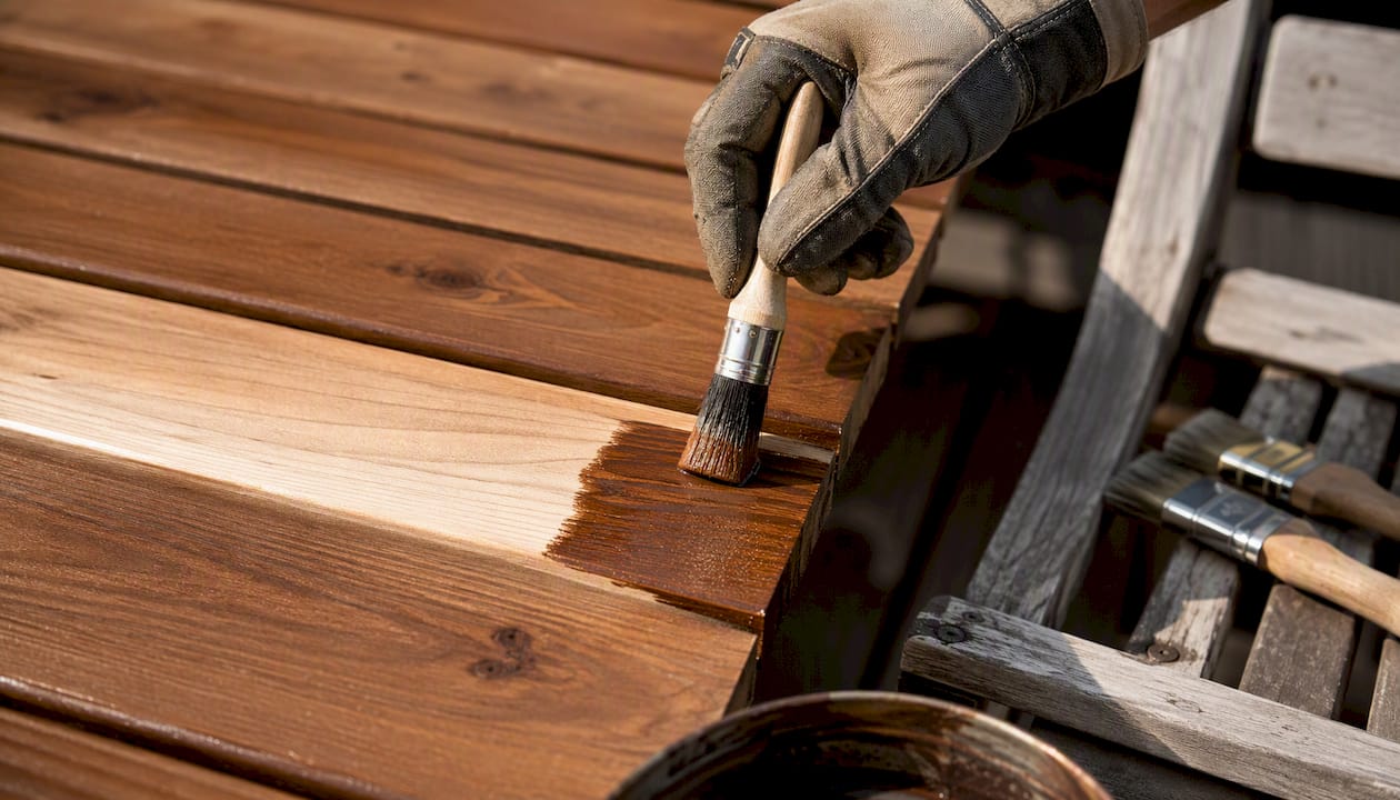 Hand brushing stain on cedar deck end grain