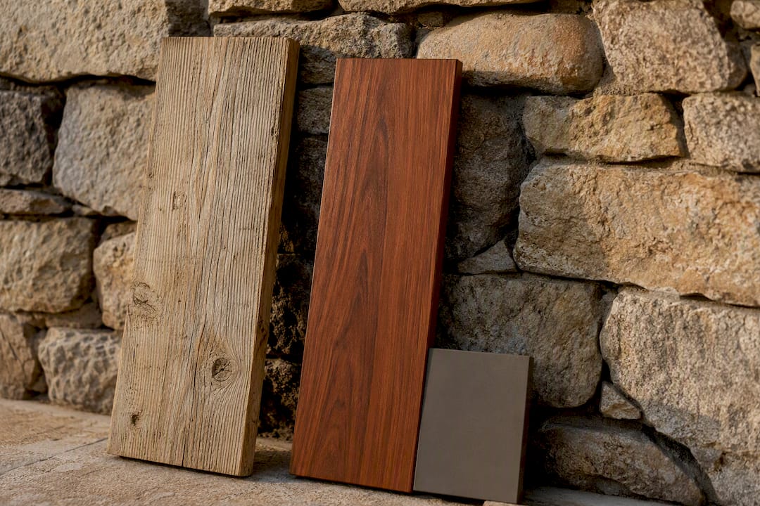 Close-up of pine, cedar, and composite deck wood textures