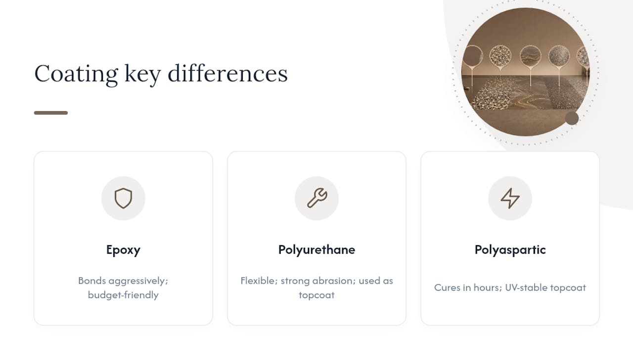Comparison chart of epoxy, polyurethane, and polyaspartic coatings