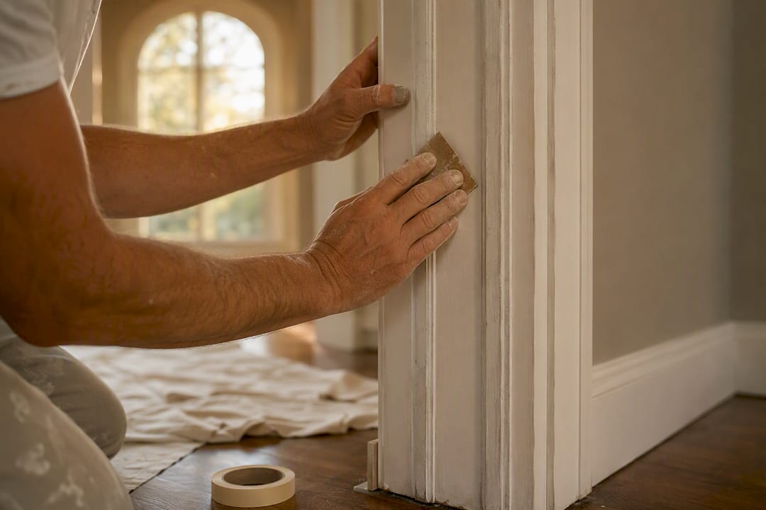 Painter sanding window trim inside apartment