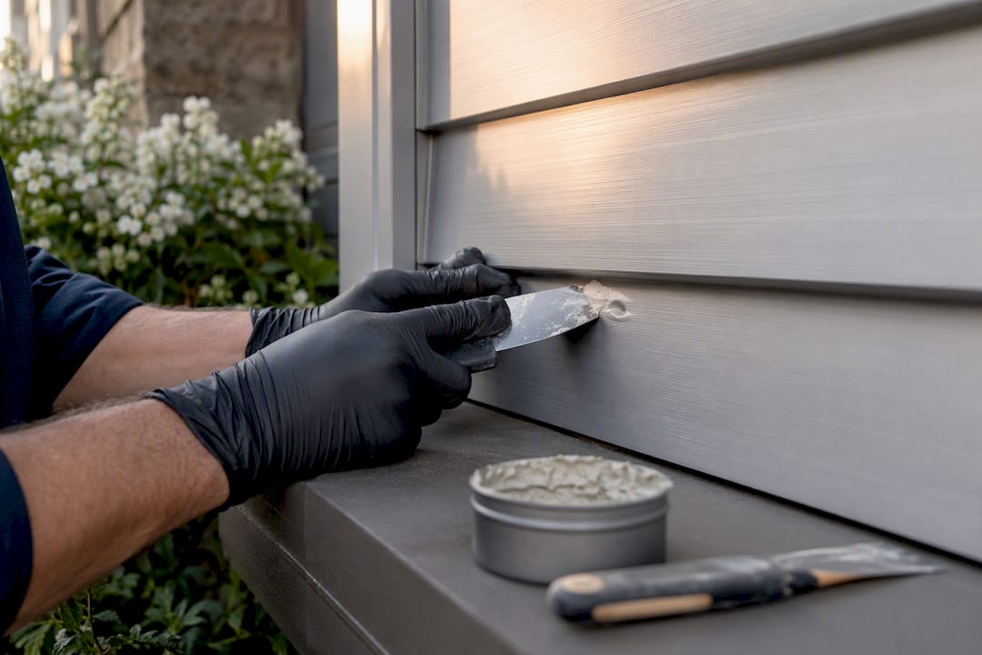 Hands applying filler to aluminum siding dent
