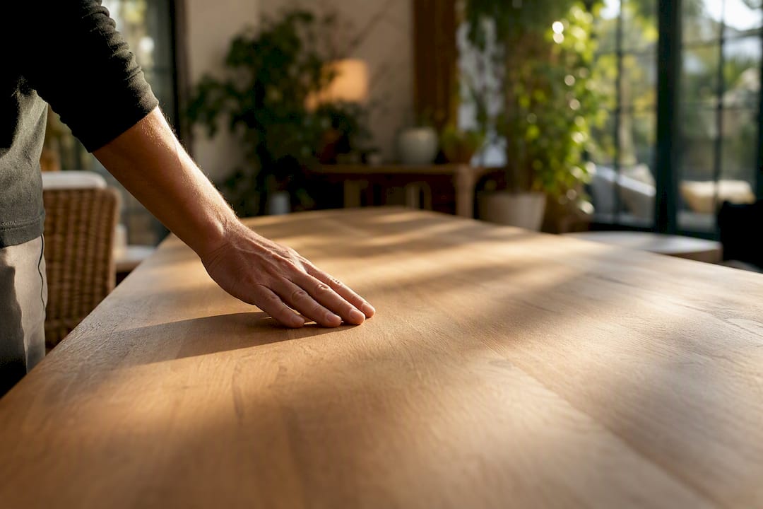 Hand checking bare wood smoothness with light
