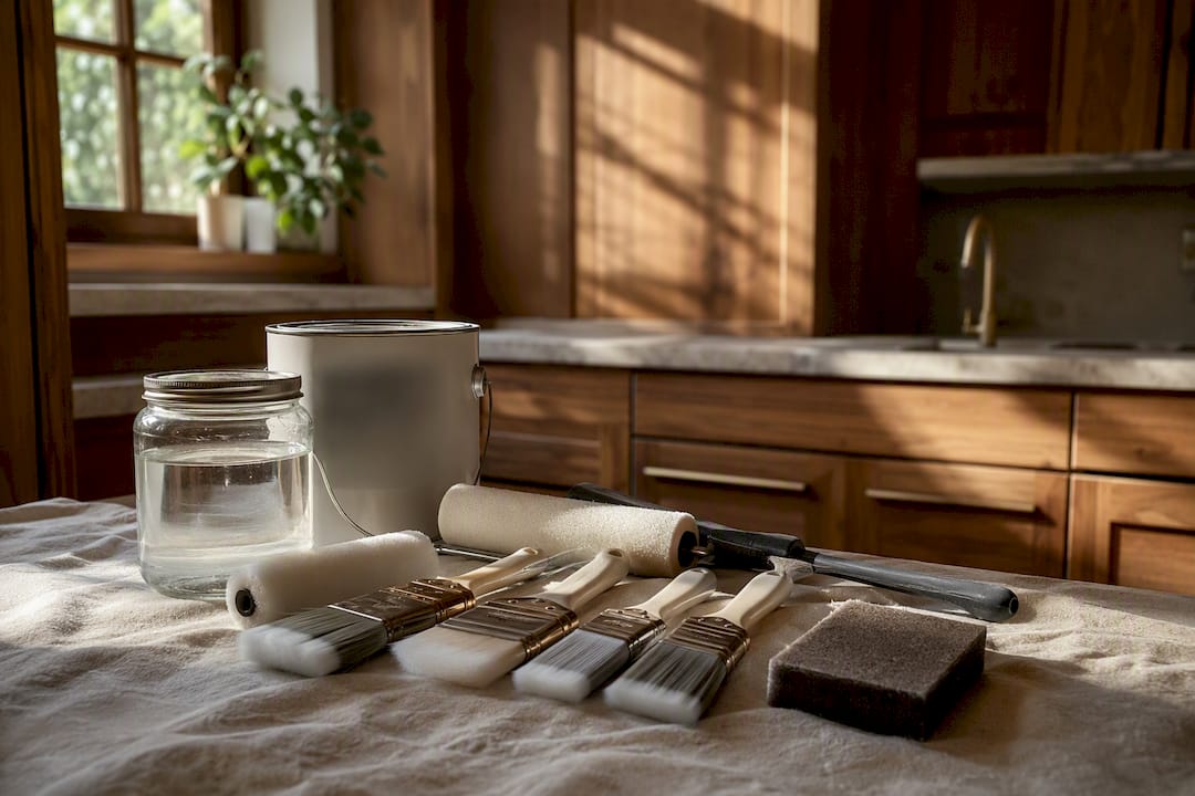 Primer application tools and supplies on drop cloth