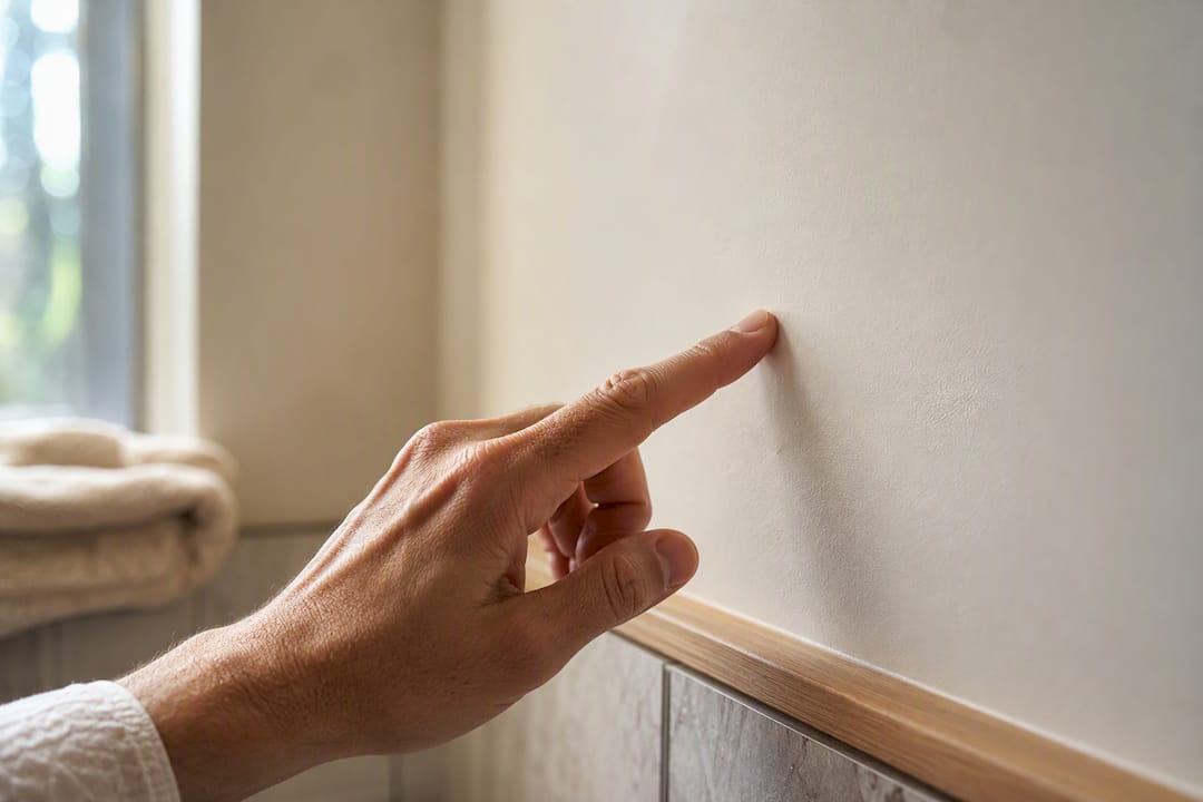 Finger checking bathroom wall dryness