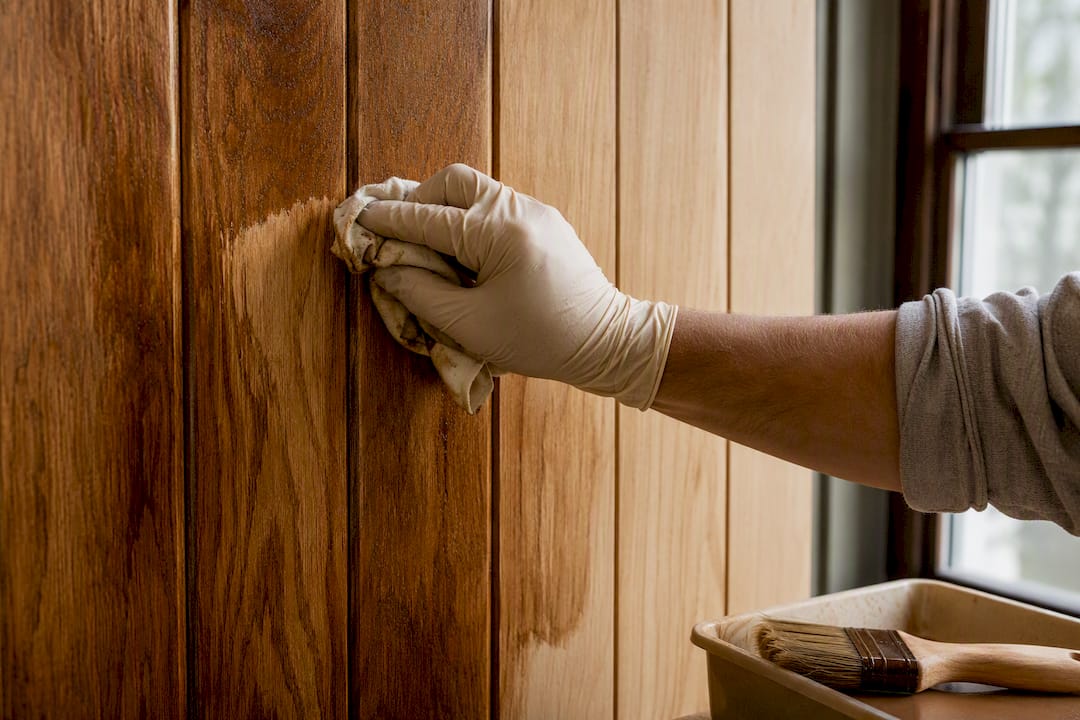 Wiping stain across vertical wood paneling