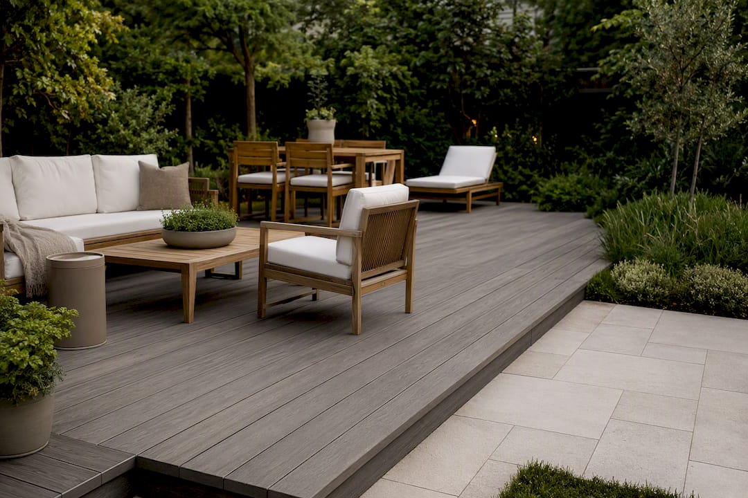Gray stained deck with furniture and greenery