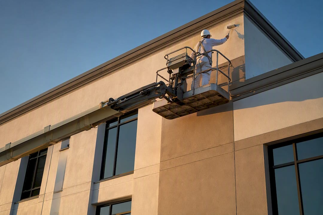 Boom lift supporting commercial exterior painter