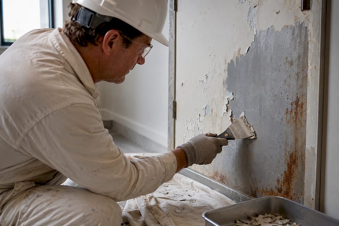 Painter scraping failed coating from steel surface